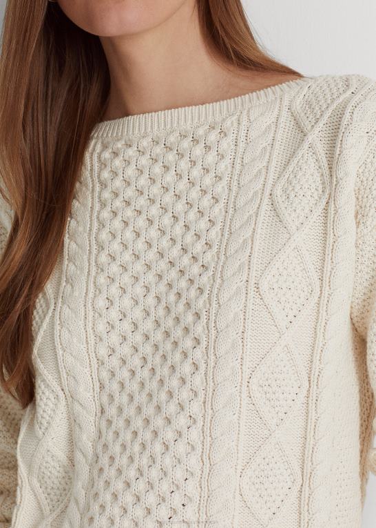 mascarpone creme Kvinder Ralph Lauren aran-strikket bomuldstrøje med bådhals Z426B4826