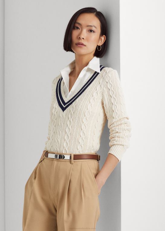 mascarpone creme/navy Kvinder Ralph Lauren kabelstrikket crickettrøje Z426B4378