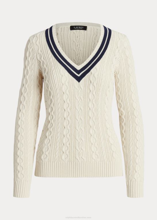 mascarpone creme/navy Kvinder Ralph Lauren kabelstrikket crickettrøje Z426B4378
