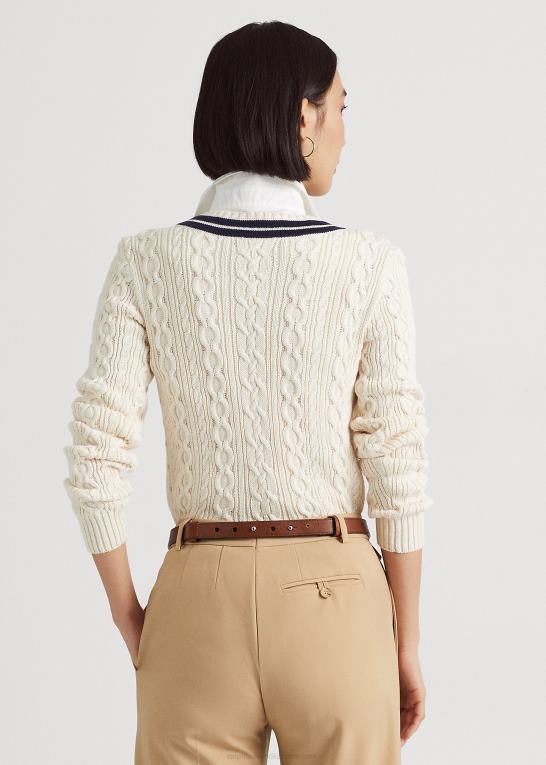 mascarpone creme/navy Kvinder Ralph Lauren kabelstrikket crickettrøje Z426B4378