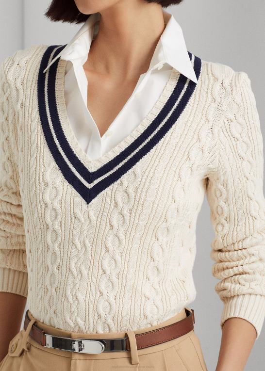 mascarpone creme/navy Kvinder Ralph Lauren kabelstrikket crickettrøje Z426B4378