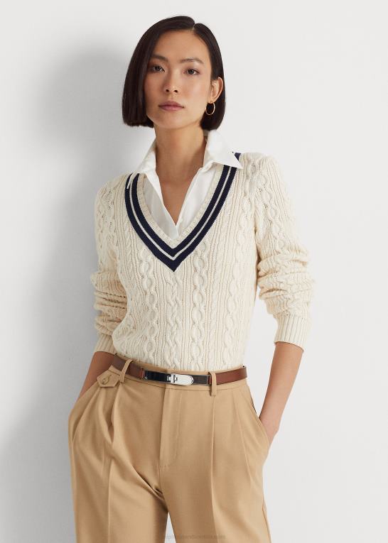 mascarpone creme/navy Kvinder Ralph Lauren kabelstrikket crickettrøje Z426B4378