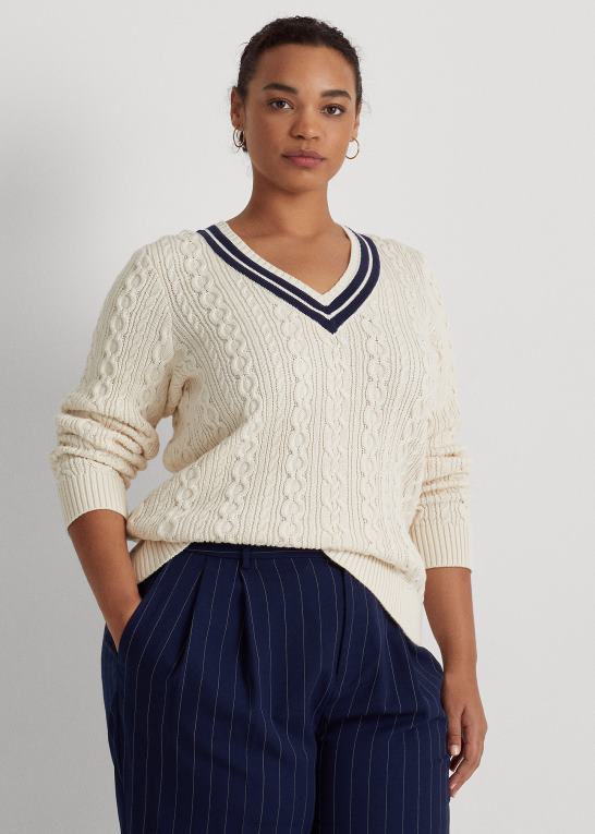 mascarpone creme/navy Kvinder Ralph Lauren kabelstrikket crickettrøje Z426B4639