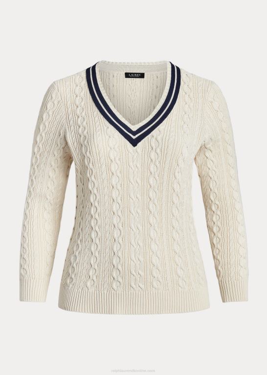 mascarpone creme/navy Kvinder Ralph Lauren kabelstrikket crickettrøje Z426B4639