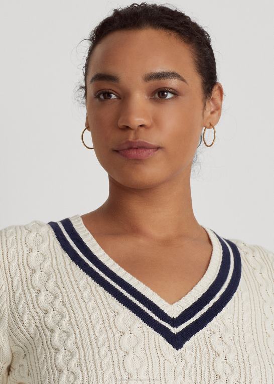 mascarpone creme/navy Kvinder Ralph Lauren kabelstrikket crickettrøje Z426B4639