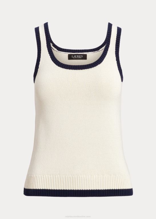 mascarpone creme/navy Kvinder Ralph Lauren ærmeløs sweater i tofarvet bomuldsblanding Z426B4405