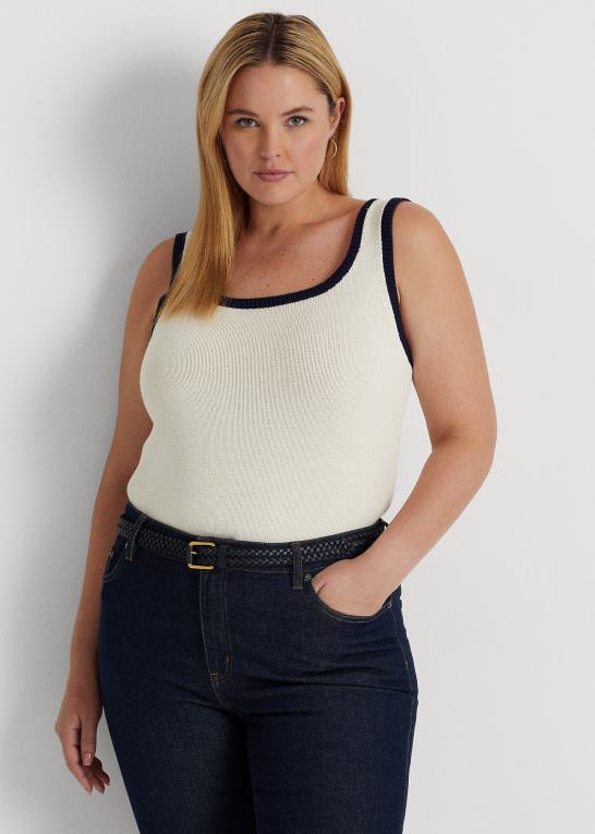 mascarpone creme/navy Kvinder Ralph Lauren ærmeløs sweater i tofarvet bomuldsblanding Z426B4588