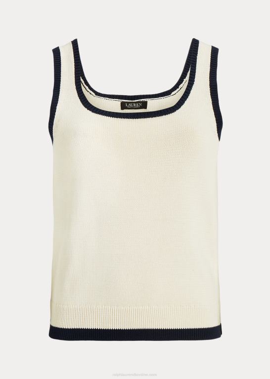 mascarpone creme/navy Kvinder Ralph Lauren ærmeløs sweater i tofarvet bomuldsblanding Z426B4588