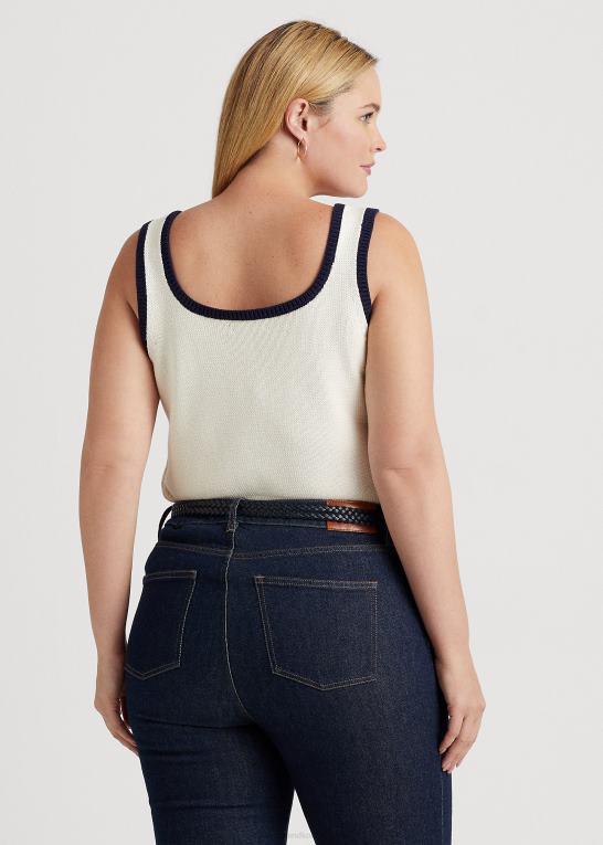 mascarpone creme/navy Kvinder Ralph Lauren ærmeløs sweater i tofarvet bomuldsblanding Z426B4588