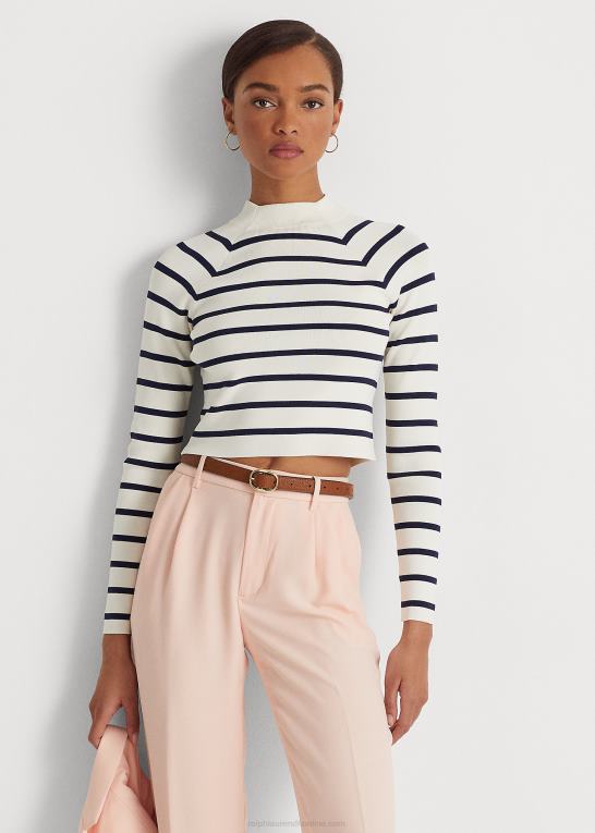 mascarpone creme/navy Kvinder Ralph Lauren stribet cropped mockneck sweater Z426B9469