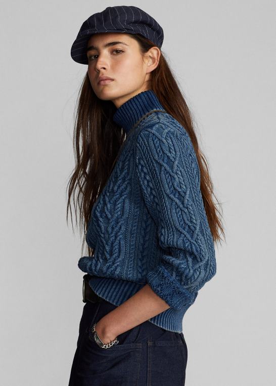mellem indigo Kvinder Ralph Lauren aran-strikket bomulds rullekravetrøje Z426B3666