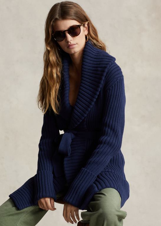 newport flåde Kvinder Ralph Lauren ribstrikket bomuldscardigan med sjalkrave Z426B3038