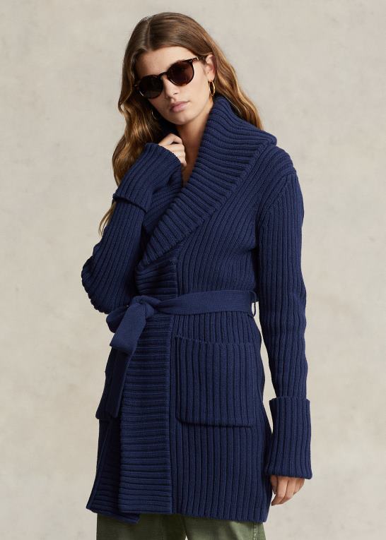 newport flåde Kvinder Ralph Lauren ribstrikket bomuldscardigan med sjalkrave Z426B3038