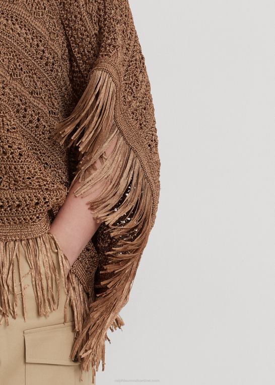 ny bronze Kvinder Ralph Lauren pointelle-strikket poncho med frynser Z426B4513