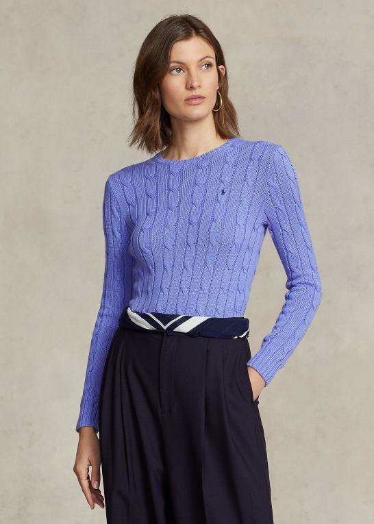 ny litchfield blå Kvinder Ralph Lauren kabelstrikket bomuldstrøje med rund hals Z426B9086