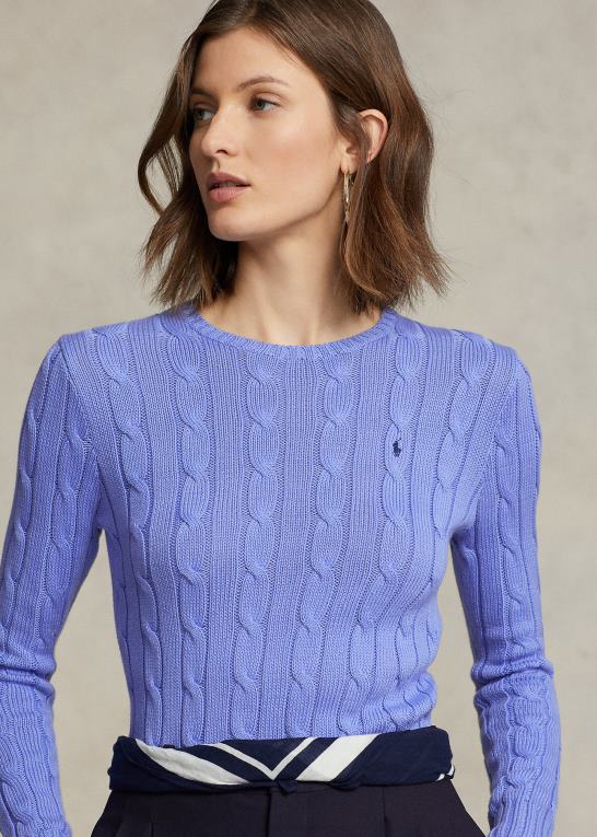 ny litchfield blå Kvinder Ralph Lauren kabelstrikket bomuldstrøje med rund hals Z426B9086