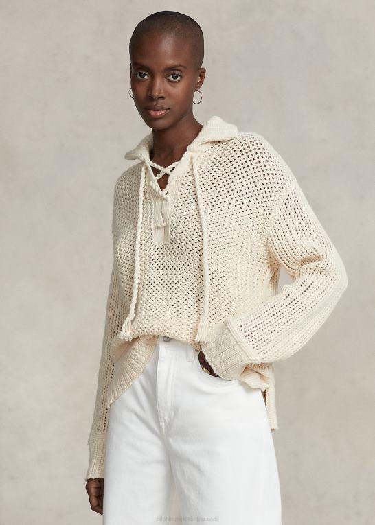 og over creme Kvinder Ralph Lauren bomulds-uldsweater med krydssting med snøre Z426B3040