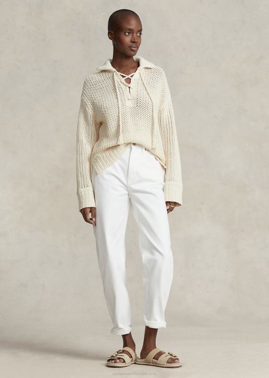 og over creme Kvinder Ralph Lauren bomulds-uldsweater med krydssting med snøre Z426B3040