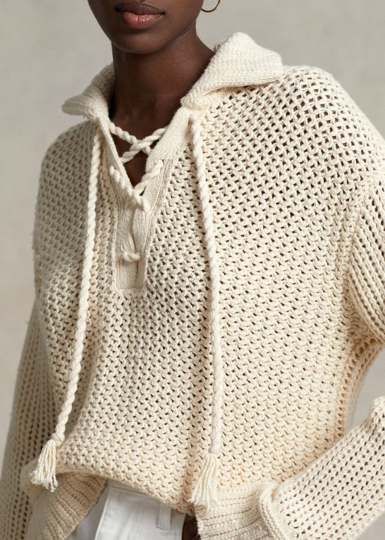 og over creme Kvinder Ralph Lauren bomulds-uldsweater med krydssting med snøre Z426B3040
