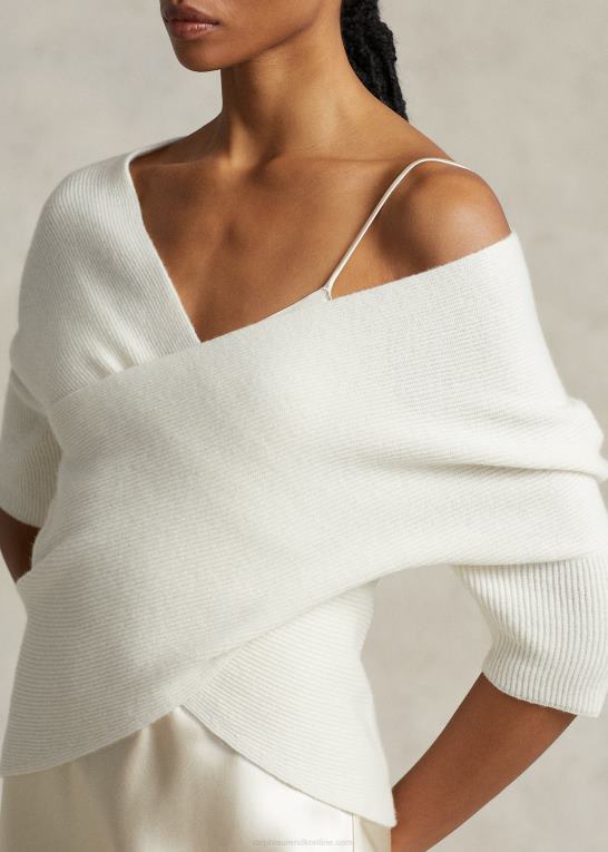 pergament creme Kvinder Ralph Lauren ribstrikket kashmirtop på kryds og tværs Z426B3204
