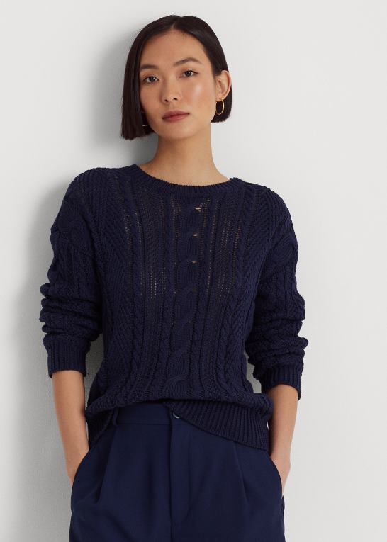 raffineret flåde Kvinder Ralph Lauren aran-strikket bomuldstrøje Z426B4857