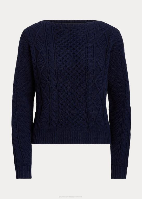 raffineret flåde Kvinder Ralph Lauren aran-strikket bomuldstrøje med bådhals Z426B3950