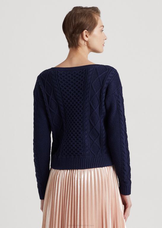 raffineret flåde Kvinder Ralph Lauren aran-strikket bomuldstrøje med bådhals Z426B3950