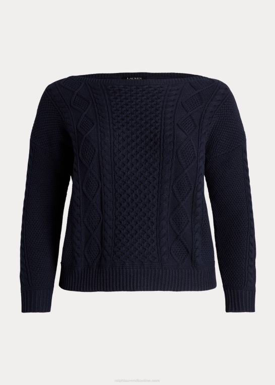 raffineret flåde Kvinder Ralph Lauren aran-strikket bomuldstrøje med bådhals Z426B4590