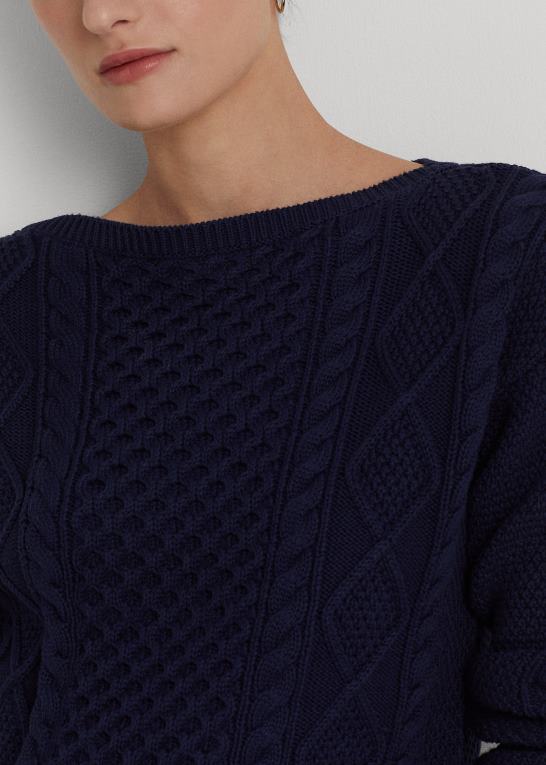 raffineret flåde Kvinder Ralph Lauren aran-strikket bomuldstrøje med bådhals Z426B4827