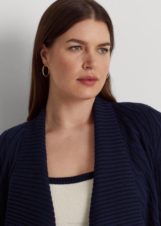 raffineret flåde Kvinder Ralph Lauren kabelstrikket cardigan i hør-bomuld Z426B4659