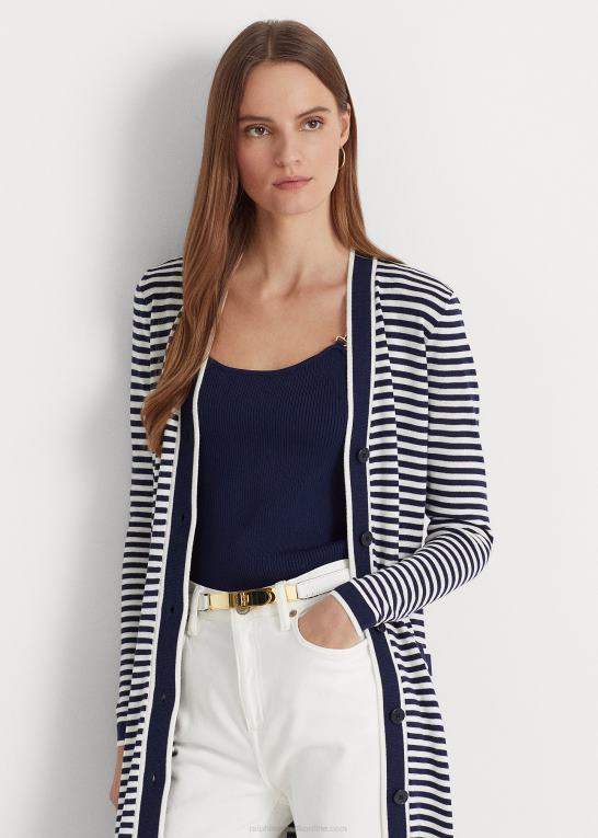 raffineret marineblå/hvid Kvinder Ralph Lauren stribet lang cardigan i silkeblanding Z426B4887