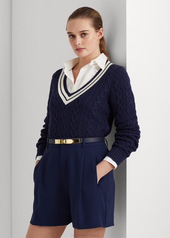 raffineret navy/creme Kvinder Ralph Lauren kabelstrikket crickettrøje Z426B4379