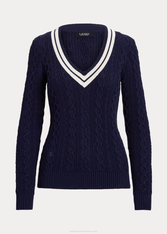 raffineret navy/creme Kvinder Ralph Lauren kabelstrikket crickettrøje Z426B4379
