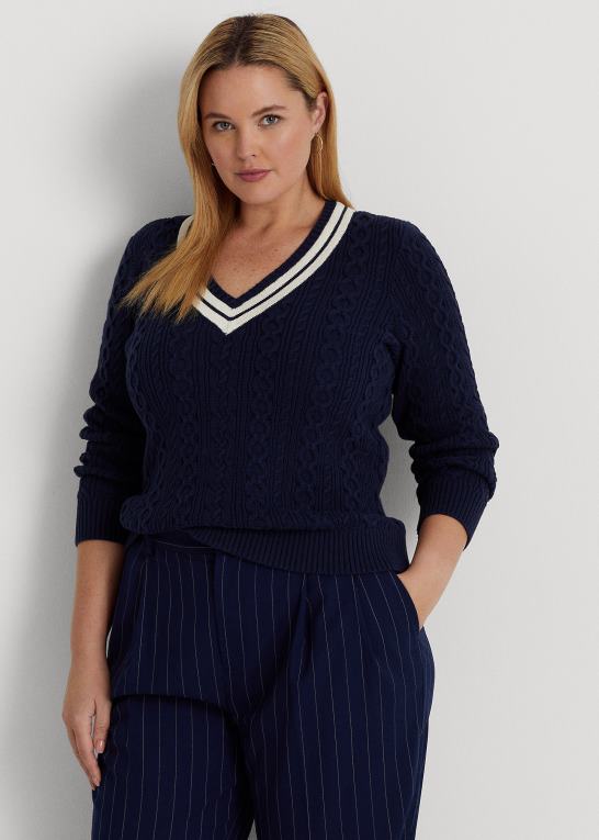 raffineret navy/creme Kvinder Ralph Lauren kabelstrikket crickettrøje Z426B4640
