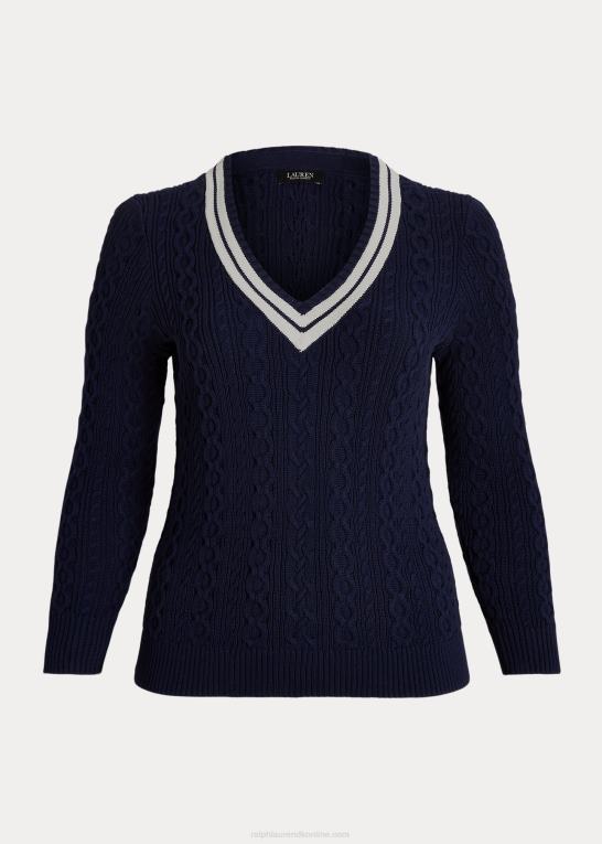 raffineret navy/creme Kvinder Ralph Lauren kabelstrikket crickettrøje Z426B4640