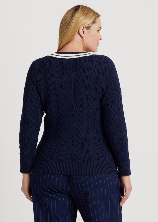 raffineret navy/creme Kvinder Ralph Lauren kabelstrikket crickettrøje Z426B4640