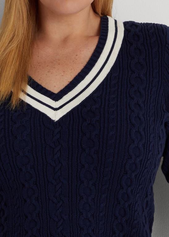raffineret navy/creme Kvinder Ralph Lauren kabelstrikket crickettrøje Z426B4640