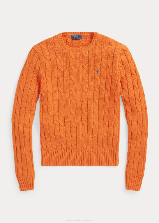 solorange Kvinder Ralph Lauren kabelstrikket bomuldstrøje med rund hals Z426B9091