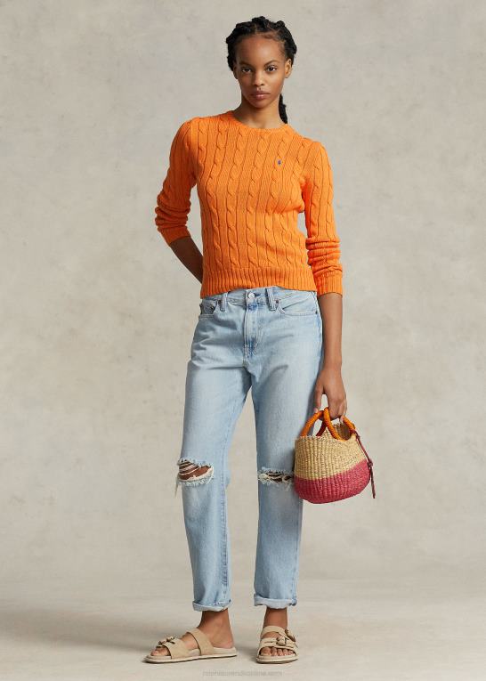 solorange Kvinder Ralph Lauren kabelstrikket bomuldstrøje med rund hals Z426B9091