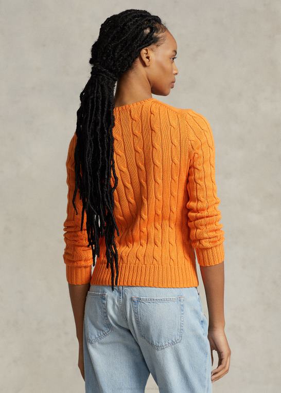 solorange Kvinder Ralph Lauren kabelstrikket bomuldstrøje med rund hals Z426B9091