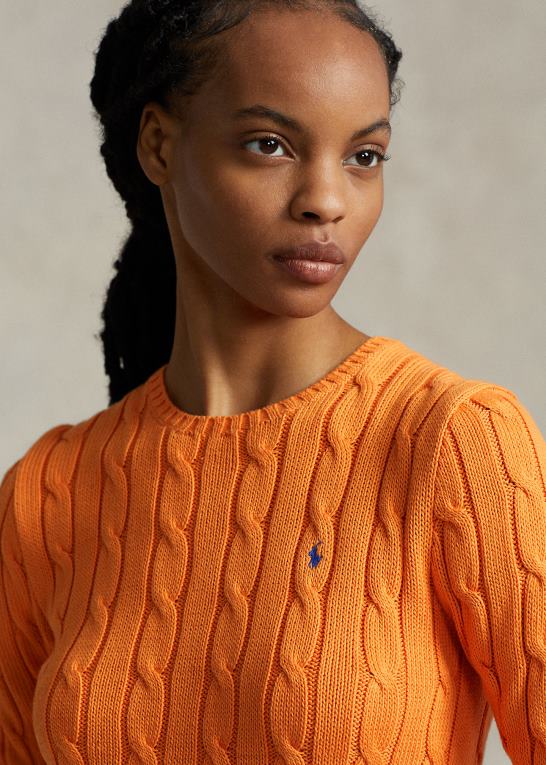 solorange Kvinder Ralph Lauren kabelstrikket bomuldstrøje med rund hals Z426B9091