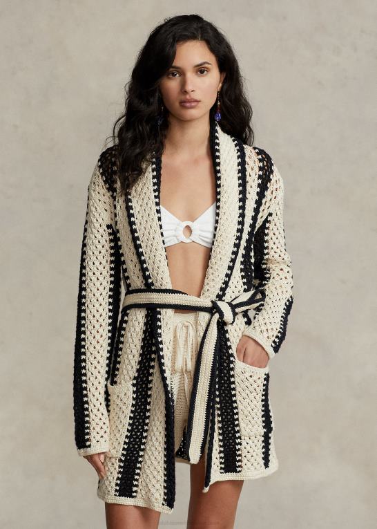 sort/creme Kvinder Ralph Lauren geo-stripe sjalcardigan i hør-bomuld Z426B2930