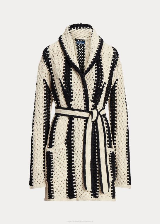 sort/creme Kvinder Ralph Lauren geo-stripe sjalcardigan i hør-bomuld Z426B2930