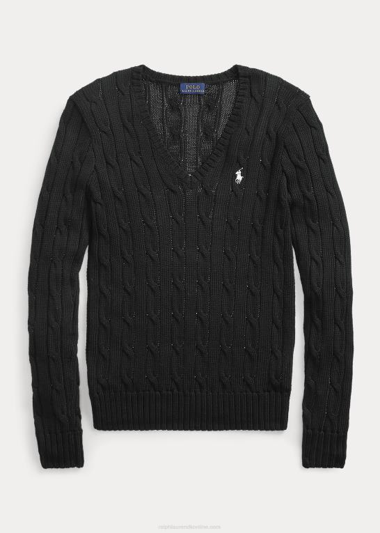 sort hvid Kvinder Ralph Lauren kabelstrikket sweater med v-hals Z426B3335