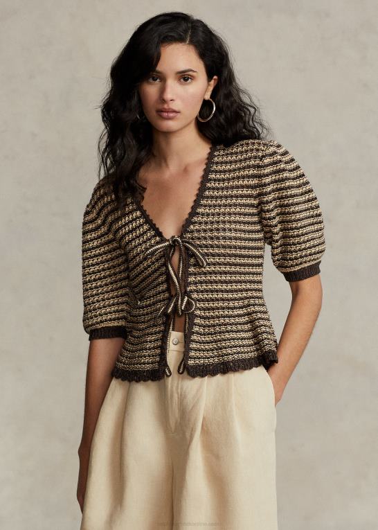 tan/chokoladestribe Kvinder Ralph Lauren kortærmet cardigan i bomuldsblanding Z426B2974
