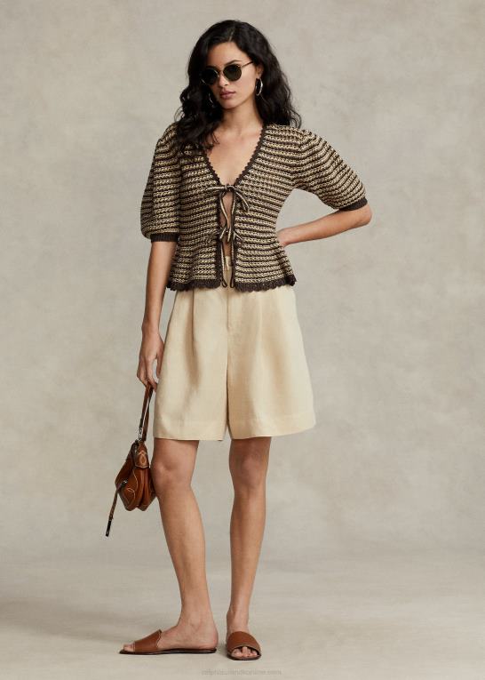 tan/chokoladestribe Kvinder Ralph Lauren kortærmet cardigan i bomuldsblanding Z426B2974