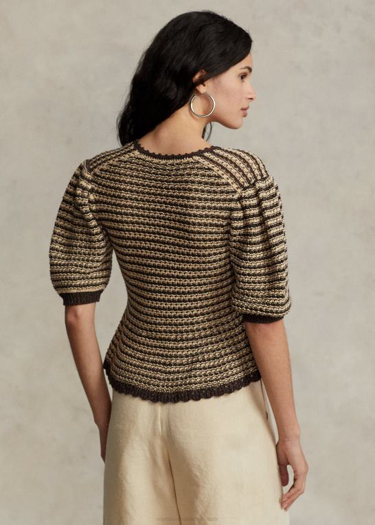 tan/chokoladestribe Kvinder Ralph Lauren kortærmet cardigan i bomuldsblanding Z426B2974