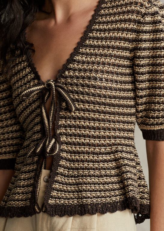 tan/chokoladestribe Kvinder Ralph Lauren kortærmet cardigan i bomuldsblanding Z426B2974