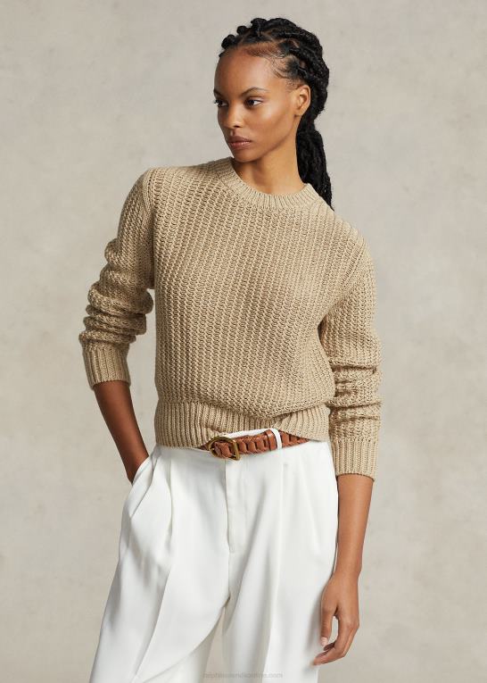 tan multi Kvinder Ralph Lauren gennembrudt sweater i bomuldsblanding med rund hals Z426B3152