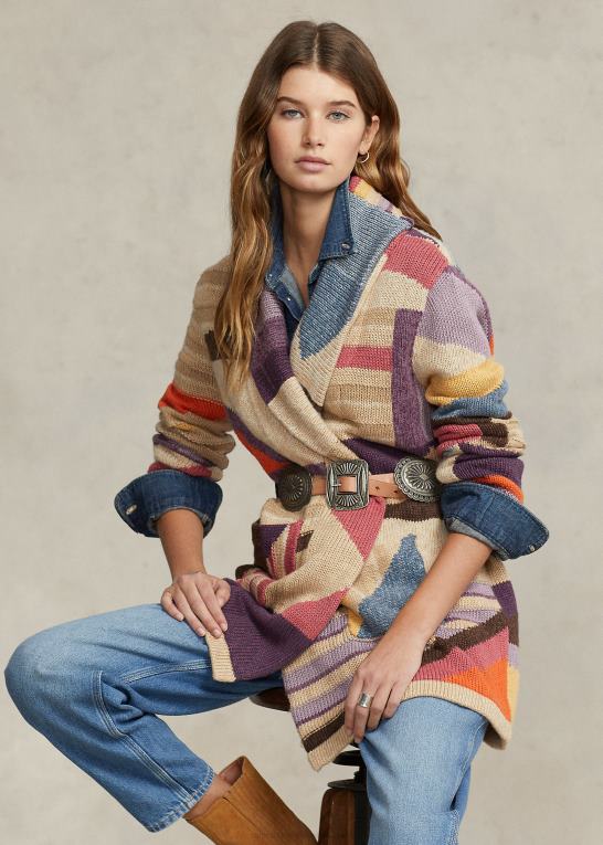 tan multi Kvinder Ralph Lauren geo-motiv sjal cardigan i hør-blanding Z426B3227